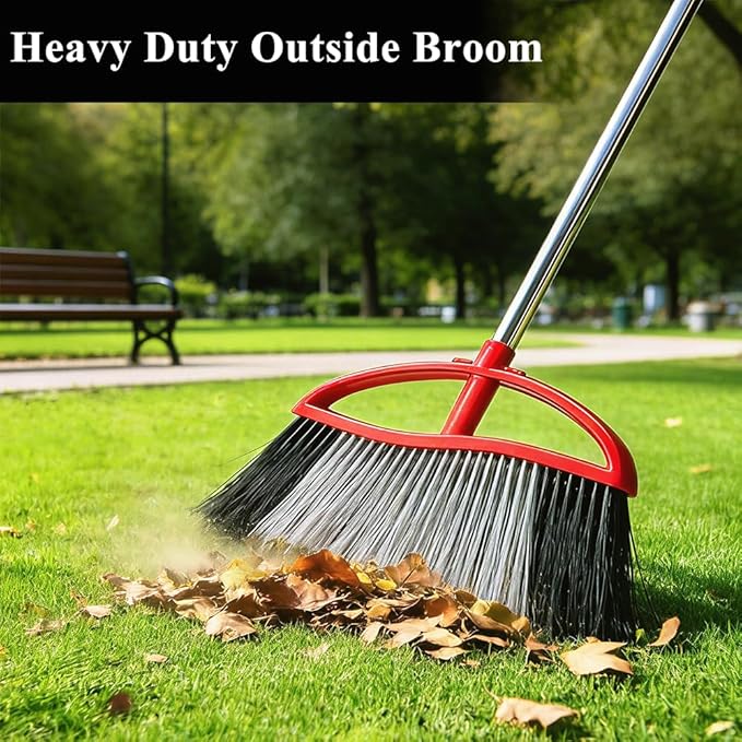 MuLing Heavy Duty Outdooor Broom - 15.7" Wide Broom with Wide Angle Design, Long Handle & Powerful Stiff Bristles for Patio, Garden, Garage, Yard (Red)