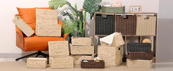 2 Pack Paper Rope Wicker Baskets with Handles, Storage Wicke Baskets for Shelves Organizing, Natural Color Toilet Basket Tank Topper, Small Woven Baskets for Storage, 14.17x6.1x4.72in
