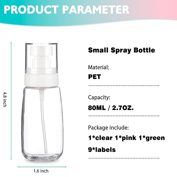 3 Pack 2.7oz/80ml Small Spray Bottle, Plastic Spray Bottles, Fine Mist Travel Spray Bottle for Hair and Face, with 9pcs Labels