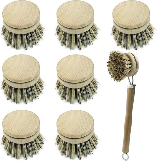 Kemcatui 8Pcs Wooden Dish Brush Set, 8Pcs Bamboo Scrub Brush Replacement Heads and 1 Handle for Kitchen Pots and Pans Cleaning Supplies(Coconut Brown)