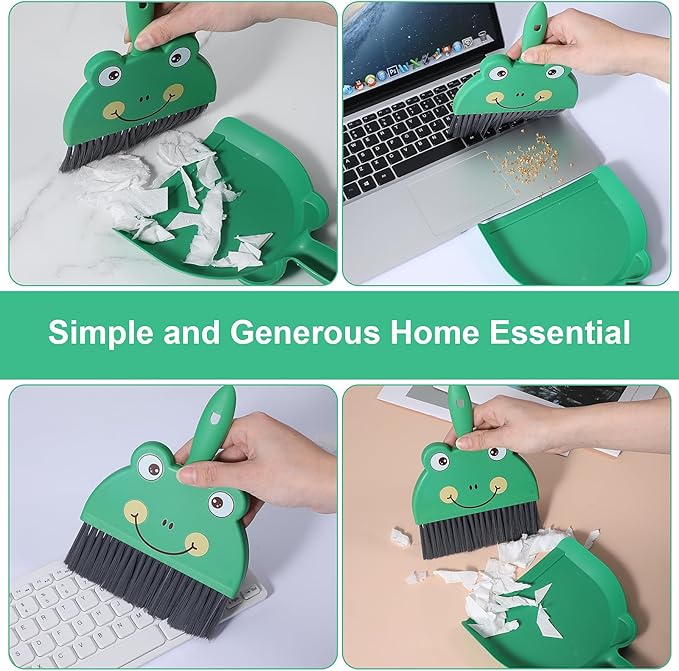 Tyqour Green Small Dustpan and Brush Set Cute Mini Hand Broom and Dustpan Set Portable Durable Desktop Cleaning Supplies for Tabletop Debris Keyboards