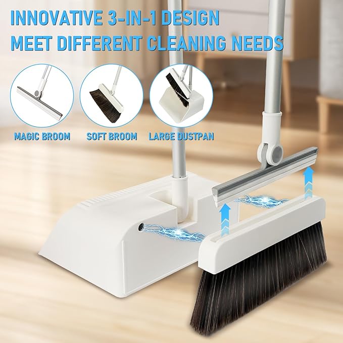 3-in-1 Magnetic Broom and Dustpan Set, Self-Cleaning Broom with Dustpan Combo Set,180° Rotatable Silicone Broom, Upright Standing Dustpan for Home, Kitchen, Office, Hall Floor