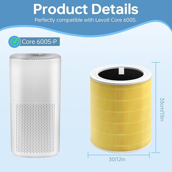 Core 600S Replacement Filter Compatible With Levoit Core 600s, 3-In-1 High-Efficiency Filter And Activated Carbon Filter, Part#Core 600S-Rf for Home Dust/Smoke Odors/Pet Dander Removing, 2Pack, Yellow