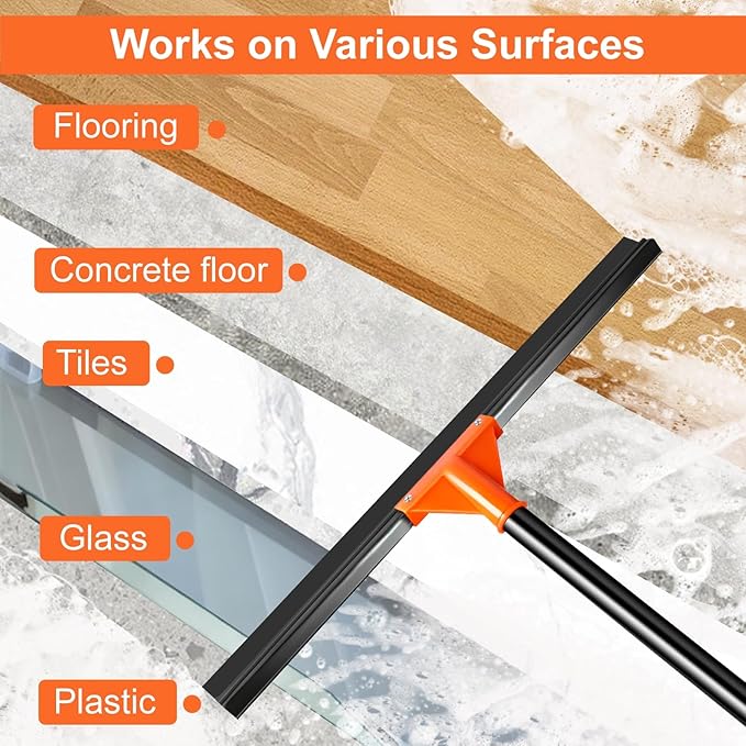 Heavy Duty Floor Squeegee with Long Handle, 18" Rubber Wiper Broom for Concrete Tile Cleaning Commercial Scrubber Mop for Garage Deck Bathroom Kitchen Pool Glass