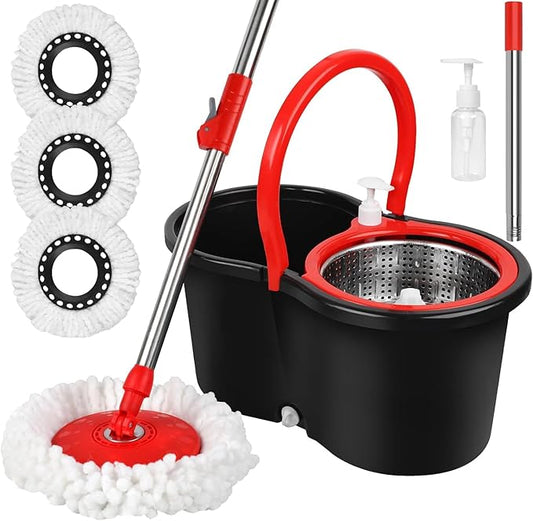 Spin Mop and Bucket with Wringer Set, 360° Spinning Mop Bucket System with 3 Microfiber Mop Replacement Heads Refills,56" Stainless Steel Extended Handle for Floor Cleaning Home(20QT) (Green) (Black)