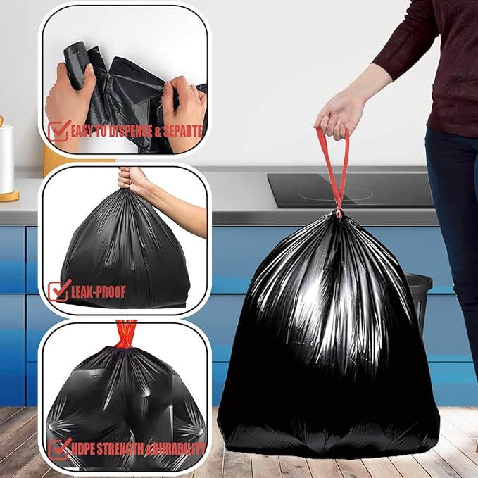 39 Gallon Lawn & Leaf Trash Bags Drawstring, 50 Count, Heavy Duty Black & Unscented Plastic Bags, Multi-purpose Garbage Bags for Home Commercial, Outdoor, Construction, Industrial