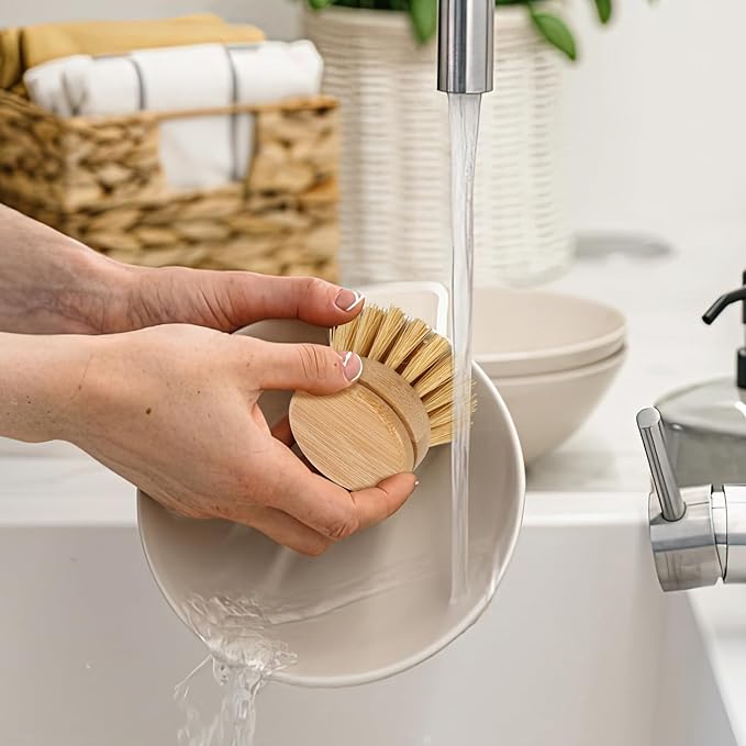 Bamboo Dish Brush - 6 Replacement Heads, Soft Sisal Bristle Scrubber, Brush for Kitchen Cleaning