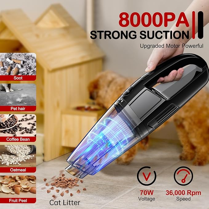BSRCO Handheld Vacuum Cordless, 30 Mins Runtime & Under 70dB Quiet, 8000Pa Strong Suction, 1.65Lbs Ultra Light, 3-in-1 with HEPA Filter, USB-C for Car, Pet Hair, Home