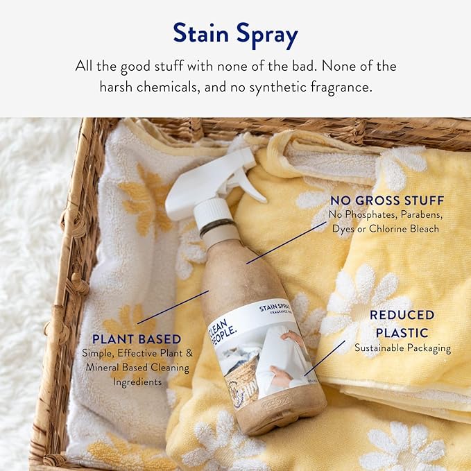 Clean People Stain Remover Spray - Natural Plant & Mineral-Based Ingredients - Non-Toxic Laundry Spot Treatment for Food, Pet & Baby Stains - Boosted with Enzymes - Fabric Safe - 16oz