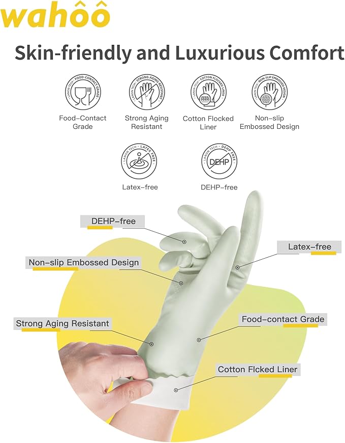 wahoo 3 Pairs Skin-Friendly Cleaning Gloves, Dishwashing Kitchen Gloves with Cotton Flocked Liner, Reusable, Non-Slip, Canary Green, Small