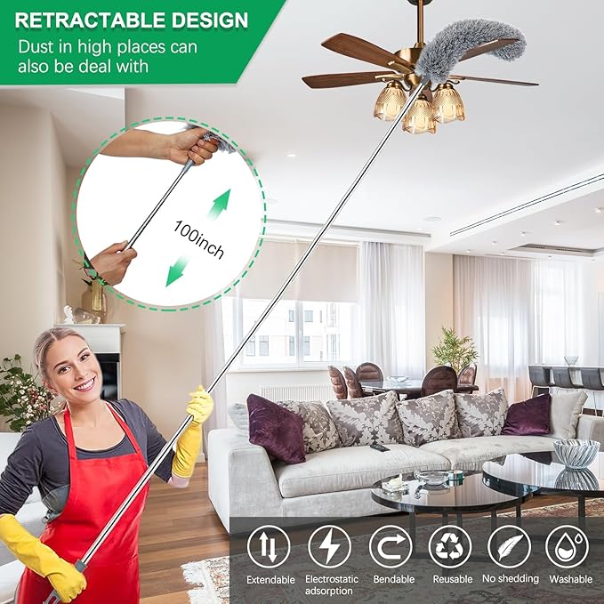 3 Pcs Extendable Microfiber Feather Duster, Electrostatic Bendable Head, Up to 100 Inch Feather Dusters for Cleaning Ceiling Fan, Cobweb, Wall, Furniture