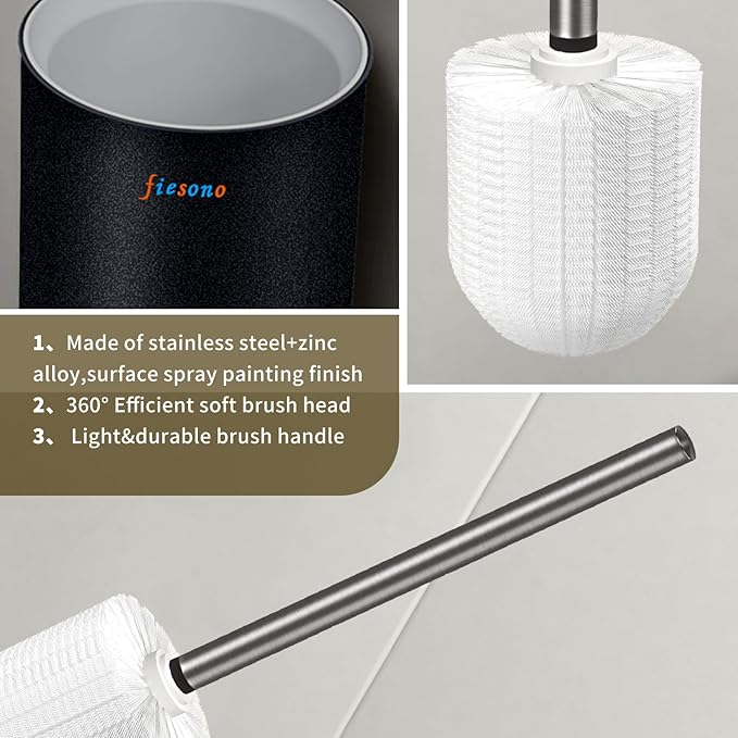 FIESONO Toilet Brush and Holder Set, Toilet Bowl Brush with Stainless Steel Light Brush Handle, Soft Bristle, Wall Mounted/Floor Standing for Bathroom Space Saving