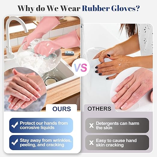 Rubber Kitchen Dishwashing Gloves - 3 Pairs Reusable Household Cleaning Gloves, Flexible and Durable & Non-slip Cleaning Gloves, Great for Kitchen, Bathroom, Laundry (Medium, Green+Blue+Grey)