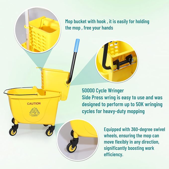 Wajeehaa Press Wringer Combo Commercial Rectangular Mop Bucket on Wheels, 35-Quart, Yellow,Add One Commercial Mop and One Set Rubber Gloves