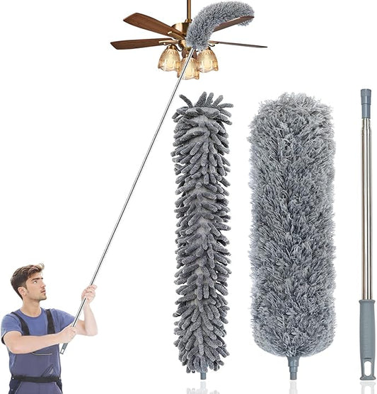 3 Pcs Extendable Microfiber Feather Duster, Electrostatic Bendable Head, Up to 100 Inch Feather Dusters for Cleaning Ceiling Fan, Cobweb, Wall, Furniture