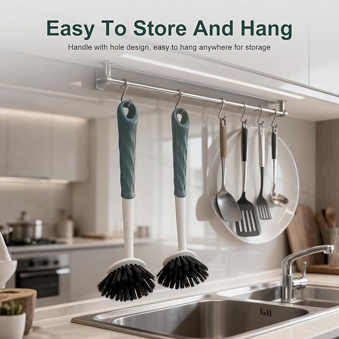 DMBMHMBDF Dish Brush, 2 Pack with Comfortable Handle, with Built-in Scraper, Scrub Brush with Stiff Bristles for Cleaning Dishes, Sink, Pots(Green)