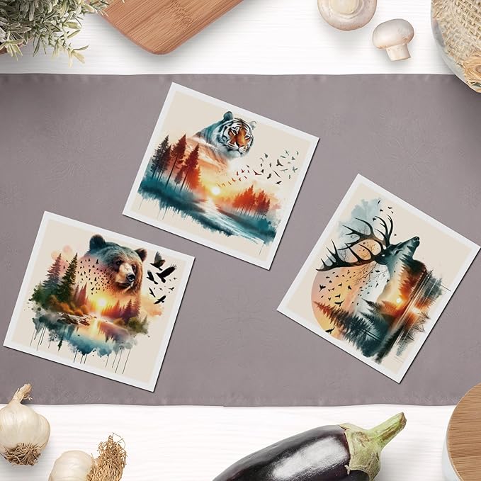 Animal Forest Swedish Dishcloths for Kitchen, 6 Pcs Animal Bear Tiger Fox Pattern Swedish Dish Cloths, Reusable Absorbent Dish Towels for Kitchen Cooking Farmhouse Home Decoration Housewarming Gifts
