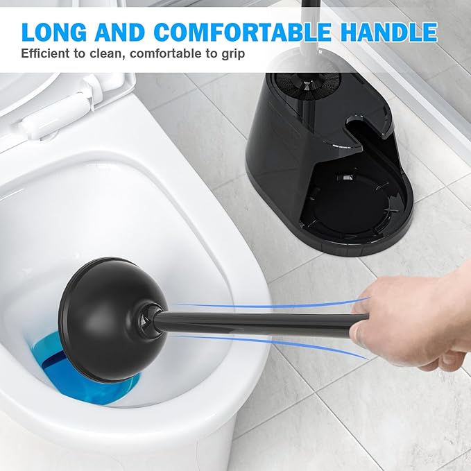 Toilet Plunger and Brush Set, 2 Pack Bowl Brush and Heavy Duty Toilet Plunger with Ventilated Holder, 2-in-1 Toilet Brush and Plunger Combo for 5.3-inch Toilet Drain Bathroom Deeply Cleaning(Black)