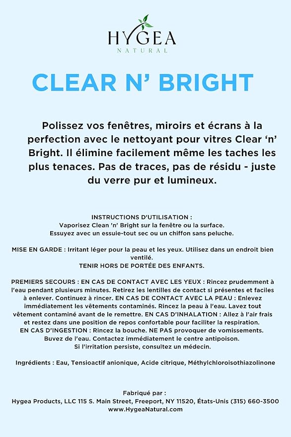Hygea Natural Clear 'n' Bright - Non-Toxic Glass Cleaner Spray - Streak-Free & Ammonia-Free Window Cleaning - Window & Mirror Cleaning Supplies - Safe & Fast (3 Pack, 24oz Spray)