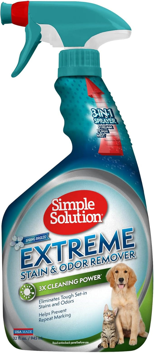 Simple Solution Stain & Odor Eliminator for Pets, Carpet Deodorizer, Enzyme Pet Odor Eliminator for Home, Stain Remover for Cat & Dog Pee, Urine Destroyer, Carpet Cleaner Spray, Spring Breeze, 32 oz
