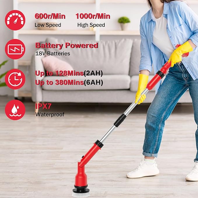 Electric Spin Scrubber Compatible for Milwaukee 18V Battery，8-in-1 Cordless Cleaning Brush & 1000 RPM Battery Powered Scrubber with Adjustable Extension for Bathroom, Kitchen, Car, Floor （No Battery
