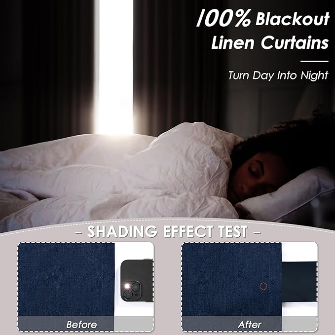 Navy Blue Linen Blackout Curtains 86 Inches for Bedroom Pinch Pleated Modern Living Room Draperies 86 Length 2 Panels Energy Saving Thermal Insulated Dark Blue Black Out Curtains with White Backing