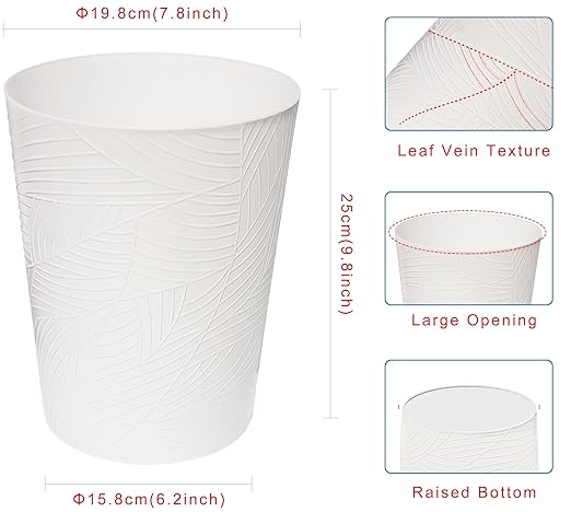 1.8 Gallons Small Trash Can, Decorative Wastebasket, Modern Leaf Pattern Design, Polypropylene Trash Can for Bathroom, Bedroom, Office (1, White)