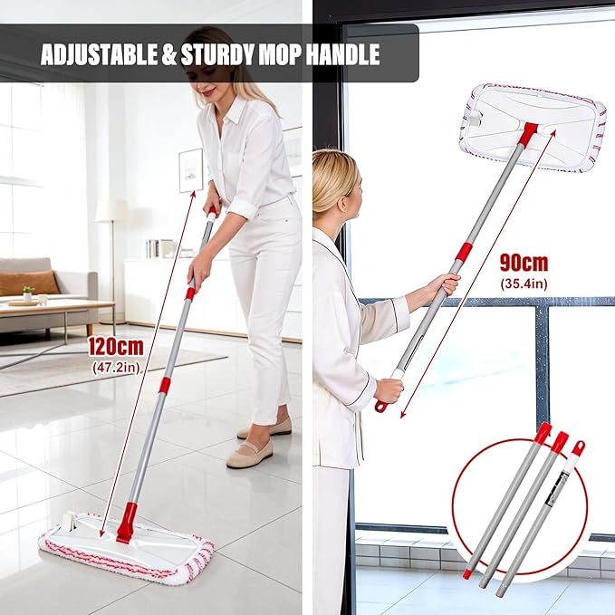 OZD 16" Microfiber Mop for Hardwood, Laminate, Tile Floor Cleaning, Flat Floor Mop with Adjustable Handle, 360° Swivel, Wet Dry Dust Mop for Pet Hair, Home & Commercial Use- Scraper & 5 Washable Pads