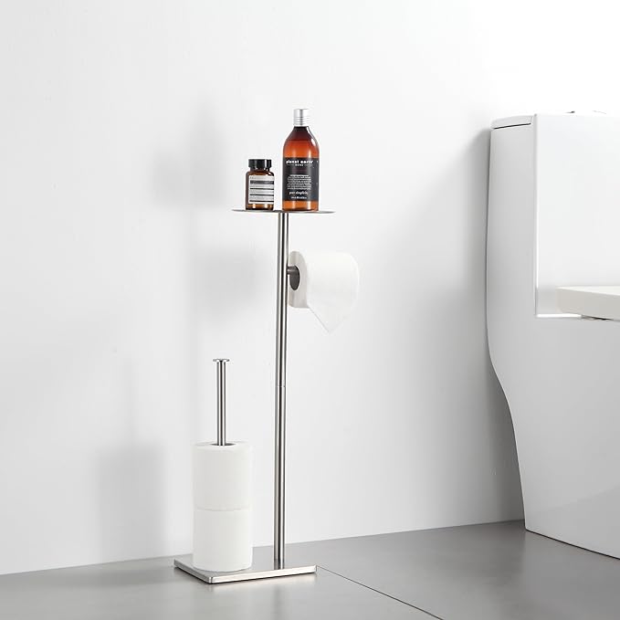 BVL Toilet Paper Holder Stand with Shelf Stainless Steel Brushed Nickel for Bathroom