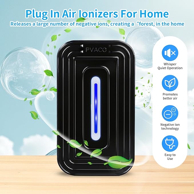2 Pack 8-Emitter Negative Ion Air Purifier, Plug in Ionic Air Cleaner with Blue Light Quiet and Energy Saving Air Ionizers for Home Office Bedroom Bathroom Living Room and Pet Room(2,Black)