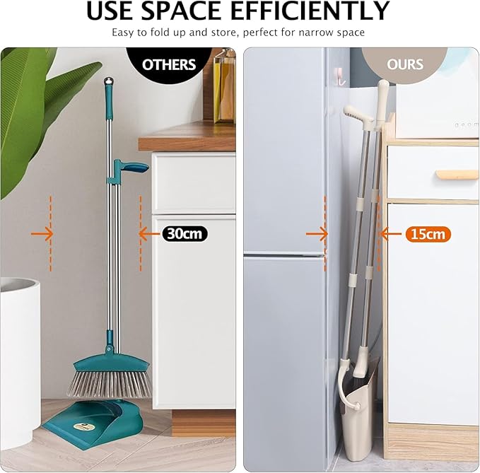 XXFLOWER Broom and Dustpan Set with Long Handle, Light Weight Stainless Steel Poles Stand Upright Dustpans with Broom Combo for Home Kitchen Office Pet Dog Hair, Brown & Beige Color, 1-Pack