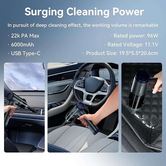 MGVK Handheld Vacuum Cordless, Portable Car Vacuum, High Power Cleaner for Pet Hair/Car/Home, Suction & Blow 2 in 1, 17-30 Min Run Time, Small Lightweight Gadget, Type-C Rechargeable