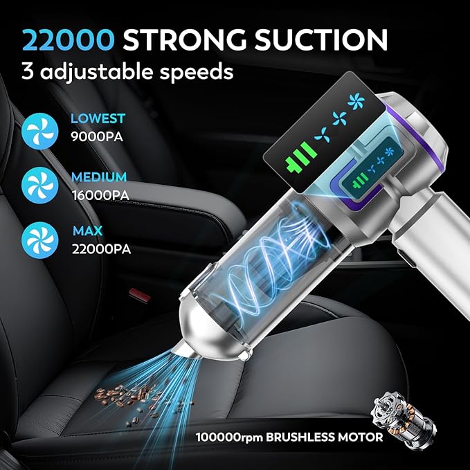 KedeeSparkle Car Vacuum Cleaner, 22000PA High Power Portable Handheld Car Vacuum & Air Duster, Mini Cordless Vacuum with LED Display, for Home, Office, Camping (Silver Purple)
