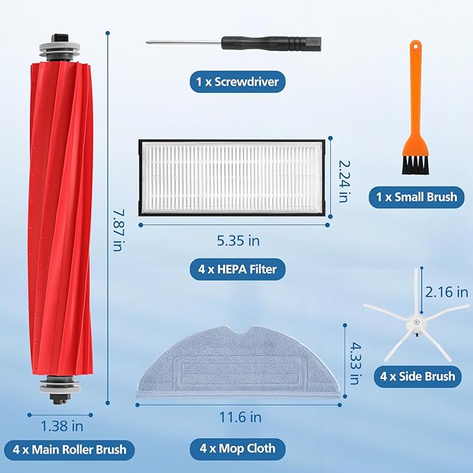S7 accessories Replacement Parts for Roborock S7/ S7+/ S7 MaxV/ S7 MaxV Plus/ T7 Plus/ T7S Plus,1 Set Roller Brush,4 HEPA Filters,4 Side Brushes,4 Mop Cloth(13 Pack)