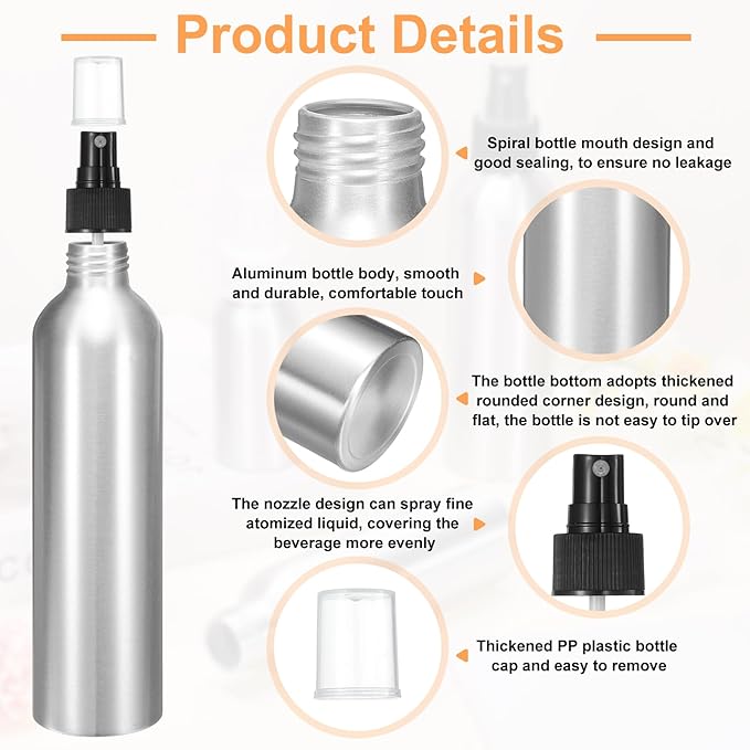 HARFINGTON Aluminum Fine Mist Spray Bottles 250ml/8.5oz Metal Small Liquid Alcohol Refillable Travel Container with Black Plastic Nozzle Cap for Perfume Skincare Cosmetic Storage Bottle