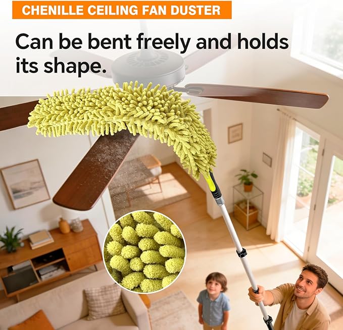 ARTIPOLY 20 Foot Telescoping Extension Pole Kit, 4-in-1 High Reach Duster with Chenille Microfiber Feather & Cobweb Duster Attachments for Ceiling Wall Hard-to-Reach Indoor & Outdoor Cleaning Yellow