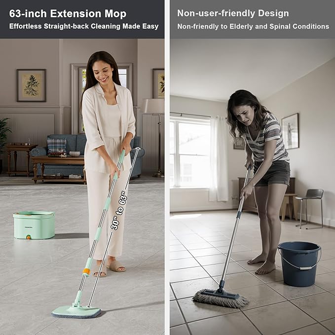 HoMettler Mop and Bucket Set | Spin Mop with Dual-Tank Clean/Dirty Water Separation | 4 Microfiber Pads for Deep-Cleaning Floors | Versatile Mops Triangular Head for Walls
