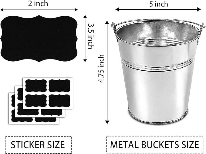 Set of 12 Pcs Galvanized Metal Buckets with Chalkboard Stickers,5 Inch Tin Buckets, Small Galvanized Pail for Backyard Decoration,Garden Planters