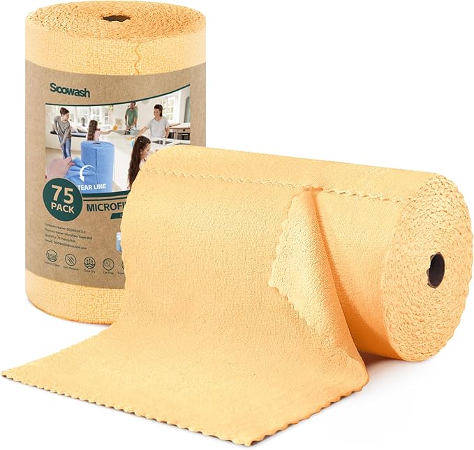 Microfiber Cleaning Cloths Roll, 75 Pack Tear Away Microfiber Towels Roll, 12" x 12" Lint Free Rags, Reusable Cleaning Cloths, Washable, Scratch Free,Ultra Absorbent Dish Rags(Orange)