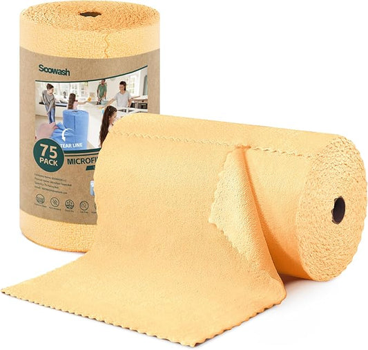 Microfiber Cleaning Cloths Roll, 75 Pack Tear Away Microfiber Towels Roll, 12" x 12" Lint Free Rags, Reusable Cleaning Cloths, Washable, Scratch Free,Ultra Absorbent Dish Rags(Orange)