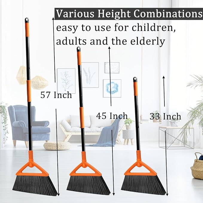 SZJYHQY 3 Pack Outdoor Indoor Broom, Brooms for Sweeeping Indoor, Heavy-Duty Kitchen Broom with Long Pole, Angle Broom Orange for Garages Restaurant Courtyard Office Slidewalk Lobby Sweep Dust