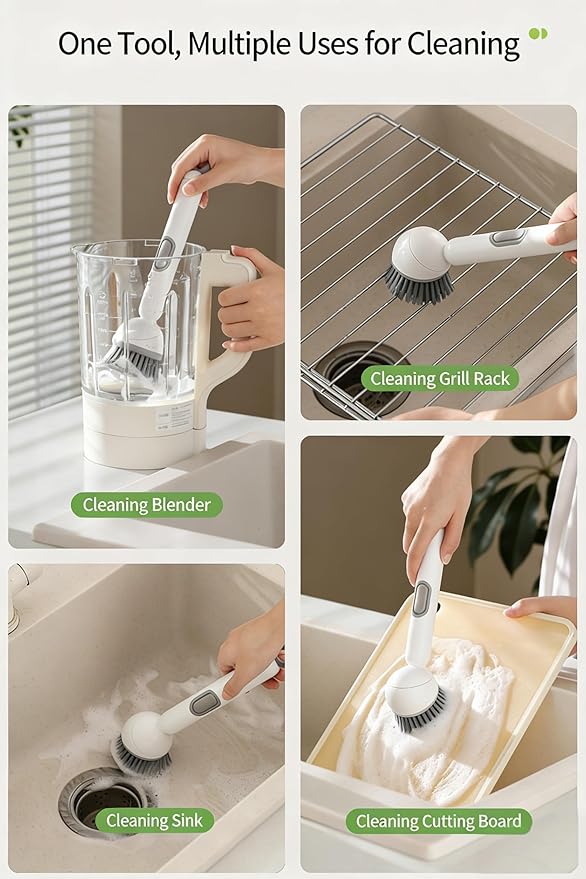 Rotating Dish Brush with Soap Dispensing Handle,Kitchen Scrub Brush with Hook，White