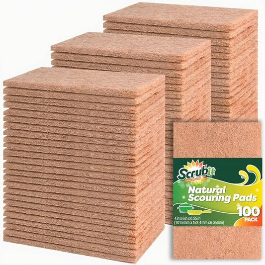 SCRUBIT Biodegradable Natural Scouring Pad Eco Friendly Scrub Pads for Kitchen Cleaning, Dishes, and Pots - Non-Scratch Compostable Coconut Walnut Scrubbers - 100% Natural Sisal Fibers (100)