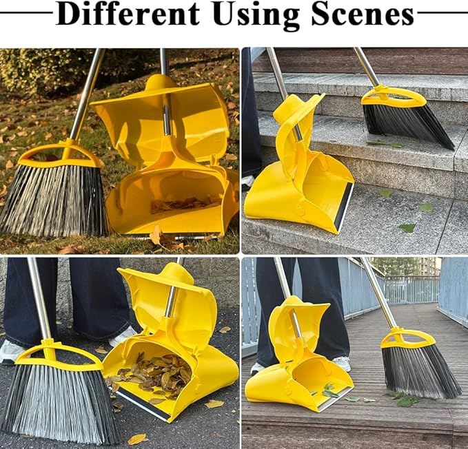 MuLing Heavy Duty Outdoor Broom and Dustpan Set - 145CM Extra Long Handle, Stiff Bristles for Tough Debris, Angled Broom Head - Ideal for Garage, Patio, Garden Kitchen House Floor Cleaning