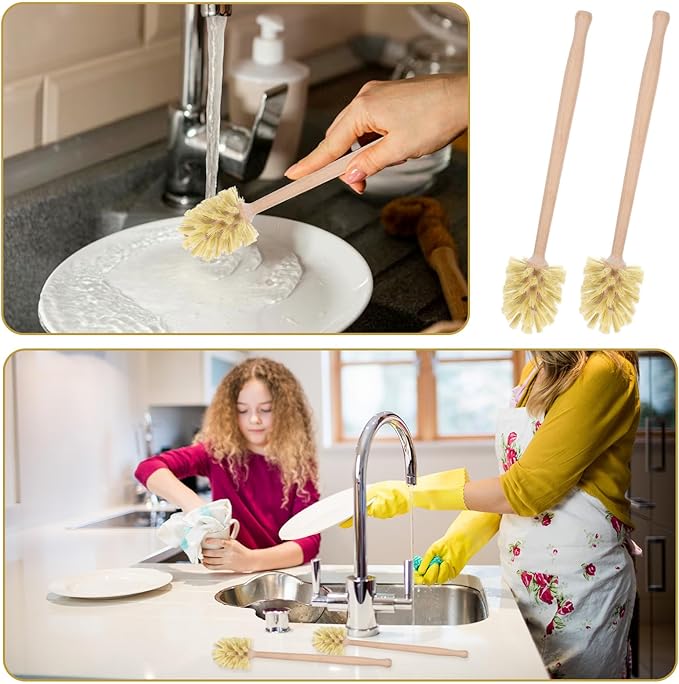6 Pcs Natural Wood Dish Scrub Brush with Long Beechwood Handle Bristles for Cleaning Bottles, Mugs, Jars, Glasses, Dishes, Vases, Pitchers, 13.6 x 2.6 Inches