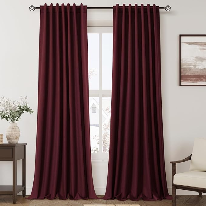 Nanspring Burgundy Linen Blackout Curtains 108 Inches Long Loop Pocket Rod Pocket Flax Linen Sound Absorbing Light Blocking 2 Panels Set for Dining Room Modern Urban Curtains Drapes 52x108