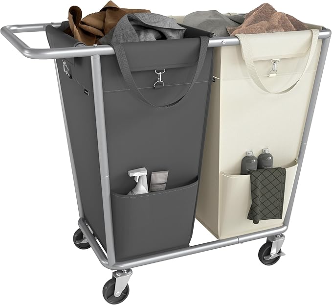 SONGMICS Laundry Basket with Wheels, 50.2 Gallons (190 L), 2-Section Rolling Laundry Hamper with Removable Bags, Heavy-Duty Steel Frame with Handle, Cream White and Dark Gray URLS009X01