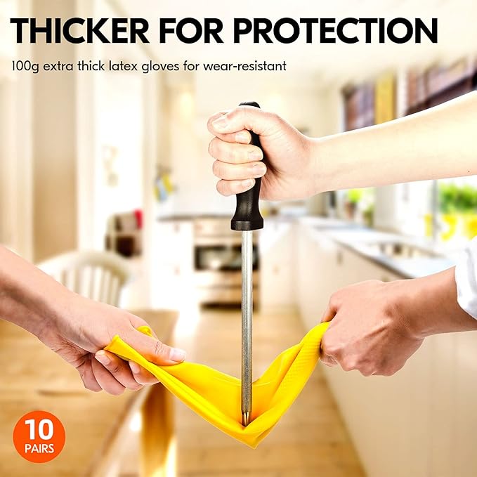 Vgo... 10-Pairs Reusable Household Gloves, Rubber Dishwashing gloves, Extra Thickness, Long Sleeves, Kitchen Cleaning, Working, Painting, Gardening, Pet Care (Size S, Yellow, HH4601)