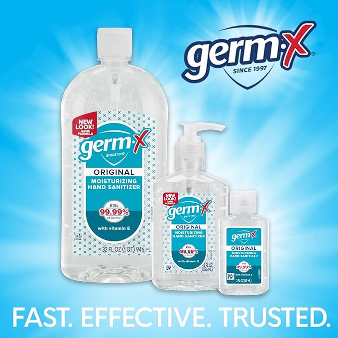 Germ-X Original Hand Sanitizer, 32 Fl Oz (Pack of 4), Less Drying Moisturizing Gel with Vitamin E, No Rinse Formula, Large Family-Size Flip Top Bottle