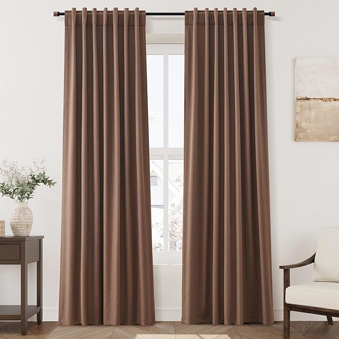 Nanspring Caramel Brown Linen Blackout Curtains 84 Inches for Bedroom Modern Farmhouse Living Room Draperies Cream Colored Thermal Insulated Full Shading Curtains for Sliding Door 52x84